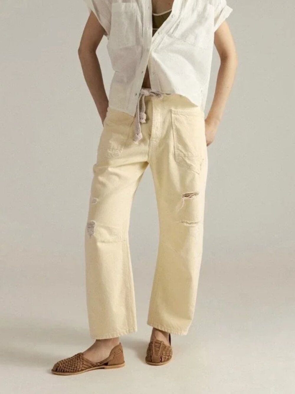 Free People We The Free Moxie Pull-On Barrel Jeans Distressed Yellow Lemon Icing